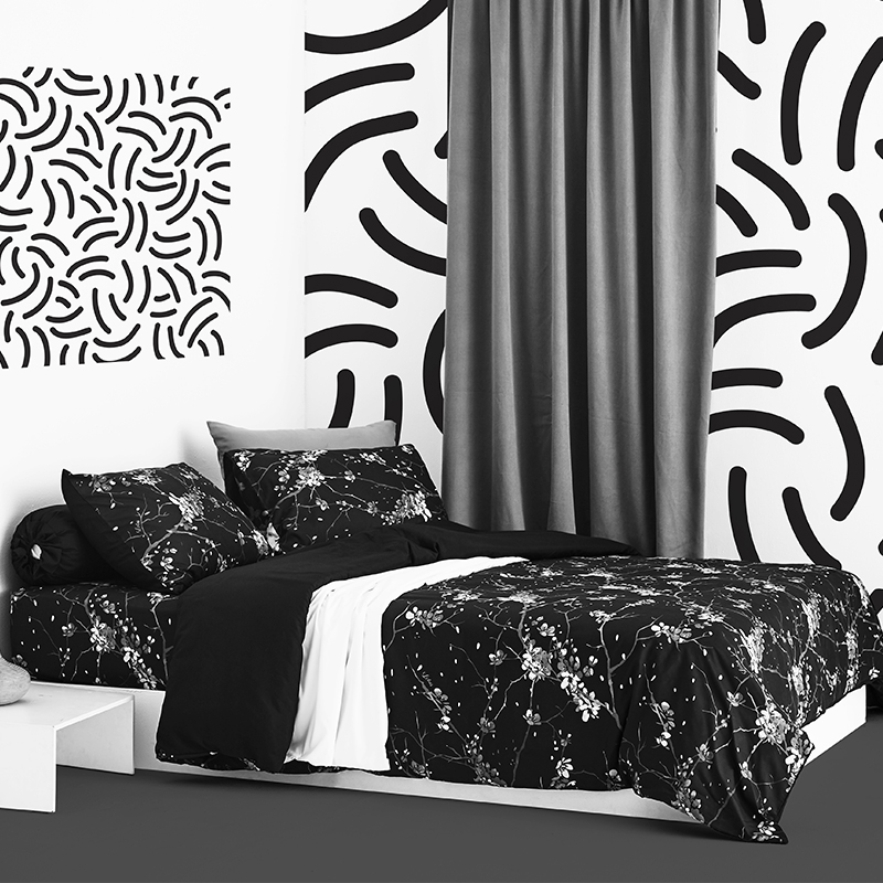 Lotus Black &amp; White - KS Fitted Bedsheet Set-5pcs - LI-BW-04B